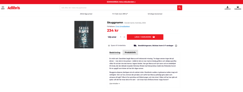 En skärmdump från Adlibris, med detaljer om den nyutgivna boken Skuggnamn av Chris Smedbakken.